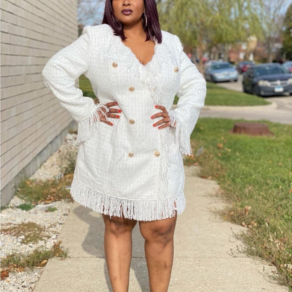 Elegant White Fringe Double-Breasted Dress